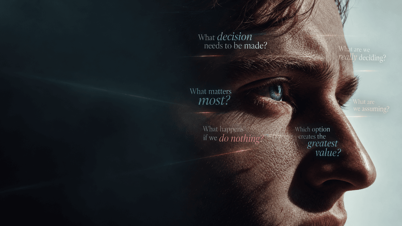 A person in profile, deep in thought, surrounded by the questions behind a decision.